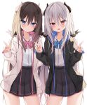  2girls :d bangs bat_hair_ornament black_jacket black_skirt blue_bow blue_eyes blush bow brown_hair closed_mouth collared_shirt commentary_request double_v drawstring dress_shirt eyebrows_visible_through_hair grey_hair hair_between_eyes hair_ornament hands_up highres hood hood_down hooded_jacket horns jacket kamu_(geeenius) long_sleeves low_twintails multiple_girls open_clothes open_jacket open_mouth original pink_bow pleated_skirt puffy_long_sleeves puffy_sleeves red_eyes shirt simple_background skirt sleeves_past_wrists smile standing twintails v white_background white_jacket white_shirt 