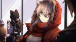  1boy 3girls absurdres animal_ears animal_hands arknights bag black_jacket black_pants brown_hair carrying chipmunk_tail commentary eyebrows_visible_through_hair fur-trimmed_hood fur_trim grey_hair grey_shirt hair_between_eyes hat highres holding hood if_f jacket looking_at_viewer multiple_girls open_clothes open_jacket out_of_frame pants phantom_(arknights) ponytail projekt_red_(arknights) raccoon_ears raccoon_girl raccoon_tail red_jacket red_scarf robin_(arknights) scarf shaw_(arknights) shirt shoulder_bag shoulder_carry sidelocks tail upper_body white_headwear white_shirt window yellow_eyes 