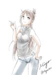  1girl bare_arms bare_shoulders brown_hair closed_mouth commentary_request covered_collarbone denim grey_eyes jeans long_hair looking_at_viewer miyo340 original pants signature sketch sleeveless sleeveless_turtleneck smile solo turtleneck very_long_hair white_background white_pants 