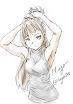  1girl armpits bare_arms bare_shoulders brown_hair closed_mouth commentary_request covered_collarbone grey_eyes hands_in_hair long_hair miyo340 original signature sketch sleeveless sleeveless_turtleneck solo turtleneck very_long_hair white_background 