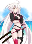  1girl ahoge bangs beach bikini black_bikini black_gloves blush breasts clouds fate/grand_order fate_(series) gloves jacket jeanne_d&#039;arc_(alter_swimsuit_berserker)_(fate) jeanne_d&#039;arc_(fate)_(all) katana kitara_koichi long_hair looking_at_viewer ocean silver_hair sky solo standing swimsuit sword weapon yellow_eyes 