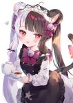  1girl :d apron bangs bell black_hair blush bow collared_shirt cup double_bun eyebrows_visible_through_hair frilled_apron frills hair_bell hair_bow hair_ornament highres holding holding_saucer jingle_bell looking_at_viewer maid_headdress multicolored_hair nijisanji open_mouth purple_bow red_bow red_eyes redhead saucer shirt silver_hair simple_background skirt smile solo streaked_hair tail tail_bow tail_ornament teacup teapot toufu_mentaru_zabuton twintails two-tone_hair virtual_youtuber white_background white_shirt white_skirt yorumi_rena 