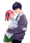  1boy 1girl arms_around_back black_hair black_pants blue_eyes blue_nails blush breasts butterfly_hair_ornament collared_shirt eye_contact go-toubun_no_hanayome green_skirt grey_sweater hair_ornament hair_ribbon height_difference hetero highres hug large_breasts long_sleeves looking_at_another memidesuyo miniskirt nakano_nino pants pink_hair pleated_skirt profile ribbon shirt short_hair simple_background skirt standing sweater uesugi_fuutarou white_background white_shirt 