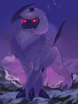  absol bright_pupils claws closed_mouth commentary_request from_below frown highres looking_at_viewer mian_(3zandora) no_humans outdoors pokemon pokemon_(creature) red_eyes sky solo white_fur white_pupils 