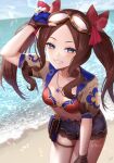  1girl bangs beach bikini bikini_top blue_eyes blue_shorts blush breasts brown_gloves brown_hair collarbone fate/grand_order fate_(series) fingerless_gloves forehead gloves goggles grin hair_ribbon highres ironatsuki jewelry leonardo_da_vinci_(fate) leonardo_da_vinci_(swimsuit_ruler)_(fate) long_hair looking_at_viewer necklace parted_bangs puffy_short_sleeves puffy_sleeves red_bikini red_ribbon ribbon shore short_shorts short_sleeves shorts shrug_(clothing) sidelocks small_breasts smile solo swimsuit thighs twintails 