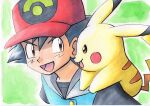  1boy :d ash_ketchum bangs baseball_cap black_hair black_shirt brown_eyes buttons commentary_request hair_between_eyes hat highres male_focus oka_mochi on_shoulder open_mouth pikachu pokemon pokemon_(anime) pokemon_(creature) pokemon_on_shoulder pokemon_rse_(anime) red_headwear shirt short_hair smile spiky_hair tongue traditional_media upper_body 