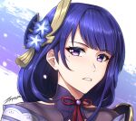  1girl bangs blunt_bangs bow bowtie close-up detached_collar eyebrows_visible_through_hair genshin_impact hair_ornament japanese_clothes long_hair looking_at_viewer low_ponytail mole mole_under_eye parted_lips petals purple_hair raiden_shogun sidelocks signature simple_background solo two-tone_background violet_eyes zxpfer 
