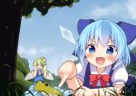  4girls :d :o ascot bangs blue_bow blue_dress blue_eyes blue_hair blush bow bowtie breasts cirno clouds commentary_request cryokinesis daiyousei day dress eyebrows_visible_through_hair fairy_wings flying frog green_eyes green_hair hakurei_reimu hands_up highres hikuchi_riku ice ice_wings kirisame_marisa long_hair lying motion_blur multiple_girls on_stomach one_side_up open_mouth outdoors perspective pinafore_dress puffy_short_sleeves puffy_sleeves red_bow red_neckwear short_hair short_sleeves sky small_breasts smile sweat touhou tree v-shaped_eyebrows wing_collar wings yellow_bow yellow_neckwear 