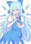  1girl absurdres alternate_hair_length alternate_hairstyle blue_bow blue_dress blue_eyes blue_hair bow cirno dress hair_between_eyes hair_bow highres ice ice_wings long_hair looking_at_viewer solo touhou tsukimirin very_long_hair wings 