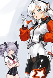  2girls bangs blue_eyes braid bronya_zaychik closed_mouth crossed_arms drill_hair grey_background grey_eyes grey_hair hair_between_eyes hair_ribbon hand_in_pocket highres honkai_(series) honkai_impact_3rd jacket kiana_kaslana kiana_kaslana_(white_comet) lim_jaejin long_hair long_sleeves looking_at_viewer multiple_girls one-piece_swimsuit ribbon sailor_collar short_sleeves swimsuit tongue tongue_out twin_braids twin_drills two-tone_background white_hair 