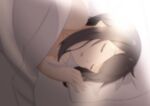  1girl absurdres asada_shino bed_sheet brown_hair closed_eyes highres lying on_side open_mouth pillow portrait shiny shiny_hair short_hair sleeping solo sword_art_online under_covers yaato_(yamato99725444) 