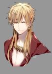  1boy absurdres alternate_hair_length alternate_hairstyle bangs bishounen blonde_hair closed_mouth cropped_torso earrings eyebrows_visible_through_hair fate_(series) gilgamesh_(fate) grey_background hair_between_eyes highres jewelry long_hair looking_at_viewer necklace open_clothes open_shirt red_eyes red_shirt shirt signature simple_background tarao_(13raven) 