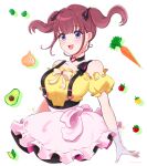  1girl avocado bangs blush bow carrot collarbone eyebrows_visible_through_hair floating_hair frilled_shirt frills hair_behind_ear highres lee_roha mugimugigo nijisanji nijisanji_kr off-shoulder_shirt off_shoulder onion open_mouth pink_bow pink_skirt shirt skirt smile solo suspenders tomato twintails violet_eyes virtual_youtuber yellow_bow 