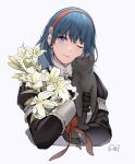  1girl ;) absurdres bangs black_cat black_jacket blue_eyes blue_hair bouquet byleth_(fire_emblem) byleth_eisner_(female) cat da-cart eyebrows_visible_through_hair fire_emblem fire_emblem:_three_houses flower garreg_mach_monastery_uniform grey_background hairband head_tilt highres holding holding_flower jacket juliet_sleeves long_hair long_sleeves looking_at_viewer one_eye_closed puffy_sleeves red_hairband simple_background smile solo upper_body white_flower 