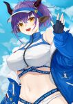  1girl :d absurdres animal_ears arknights bangs bare_shoulders bikini black_gloves blue_jacket blue_sky breasts clouds commentary_request day fingerless_gloves gloves hand_up highres horns jacket large_breasts long_sleeves looking_at_viewer navel off_shoulder open_mouth purple_hair sideroca_(arknights) sideroca_(light_breeze)_(arknights) sky smile solo stomach swimsuit upper_body visor_cap white_bikini yellow_eyes yowza 