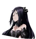  1girl bare_shoulders black_dress black_hair breasts closed_mouth dreamer_(girls&#039;_frontline) dress eyebrows_visible_through_hair girls_frontline hair_ornament lips long_hair looking_away medium_breasts reizo_ne sangvis_ferri solo upper_body white_background yellow_eyes 