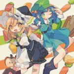  2girls apple aqua_dress aqua_jacket bandage_on_knee bandages bangs black_footwear black_headwear black_skirt black_vest blonde_hair blue_eyes blue_hair blush_stickers boots bow broom broom_riding carrot daizu_(melon-lemon) dress food fruit green_headwear hat hat_bow jacket kawashiro_nitori key kirisame_marisa long_hair looking_at_viewer low-tied_long_hair mini-hakkero multiple_girls one_eye_closed open_mouth orange_(fruit) pocket sitting skirt smile source_request touhou vest white_background white_bow witch_hat yellow_eyes 