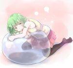  1girl alive_111111 ball bangs bare_arms bare_shoulders black_legwear blush breasts commentary_request exercise_ball full_body green_eyes green_hair head_on_arm kneeling light_blush medium_hair no_shoes open_mouth original pastel_colors pleated_skirt red_skirt shiny shiny_hair shirt skirt sleeveless sleeveless_shirt solo thigh-highs wavy_hair white_shirt zettai_ryouiki 