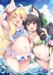  2girls ;d ahoge animal_ear_fluff animal_ears antenna_hair arm_scrunchie arm_up bangs bikini black_hair blonde_hair blue_bikini breasts clouds commentary_request cowboy_shot day eyebrows_visible_through_hair fang fox_ears fox_girl fox_tail frilled_bikini frills front-tie_bikini front-tie_top green_bikini hand_up highres holding_another&#039;s_arm long_hair looking_at_another looking_at_viewer medium_breasts multiple_girls navel one_eye_closed open_mouth original outdoors ponytail red_eyes roshin scrunchie side-tie_bikini sidelocks small_breasts smile standing stomach swimsuit tail tail_raised wading water wrist_scrunchie 