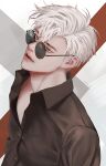  1boy absurdres black_shirt closed_mouth collarbone collared_shirt grey_eyes highres insya_pic looking_at_viewer male_focus original parted_lips round_eyewear shirt short_hair simple_background solo sunglasses twitter_username upper_body white_hair 