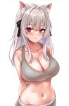  1girl animal_ears blush breasts fox_ears grey_hair hair_ornament large_breasts long_hair looking_at_viewer marisasu_(marisa0904) navel original red_eyes solo thigh-highs underwear violet_eyes white_background 