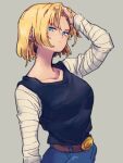  1girl android_18 belt black_shirt blonde_hair blue_eyes brown_belt closed_mouth collarbone dragon_ball dragon_ball_z grey_background kemachiku long_sleeves looking_at_viewer pants shirt short_hair simple_background solo striped_sleeves 