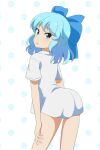  1girl alternate_costume blue_bow bow cato_(monocatienus) cirno cirno_day commentary_request dress eyebrows_visible_through_hair from_side hair_bow highres large_bow leaning_forward light_blue_eyes light_blue_hair long_hair looking_at_viewer open_mouth polka_dot polka_dot_background short_sleeves simple_background solo touhou white_dress 