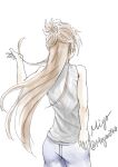  1girl back bare_arms bare_shoulders brown_hair commentary_request denim from_behind jeans long_hair miyo340 original pants signature sketch sleeveless sleeveless_turtleneck solo turtleneck very_long_hair white_background white_pants 