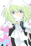  1boy black_jacket closed_mouth frown green_hair highres jacket lio_fotia looking_at_viewer male_focus namori otoko_no_ko promare short_hair simple_background solo violet_eyes white_background 