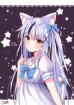  1girl :3 animal_ears bell black_hair bow bowtie cat_ears cat_girl cat_tail dress hair_bow hair_ribbon jingle_bell long_hair m_ko_(maxft2) multicolored_hair original puffy_short_sleeves puffy_sleeves ribbon sailor_dress short_sleeves silver_hair smile starry_background streaked_hair tail tail_bell tail_ornament tail_ribbon twintails two-tone_hair yellow_eyes 