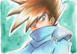  1boy bangs blue_cloak blue_oak brown_hair cloak commentary_request green_background green_eyes hair_over_one_eye highres looking_down male_focus medium_hair oka_mochi outline pokemon pokemon_adventures shoulder_pads single_shoulder_pad solo spiky_hair traditional_media upper_body 