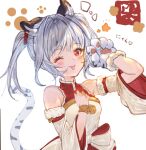  1girl :p animal_ears animal_hands bare_shoulders blush cat_ears cat_tail chinese_clothes detached_sleeves eyelashes hair_ornament happy long_hair looking_at_viewer niii one_eye_closed original silver_hair sketch smile solo tail tongue tongue_out translation_request twintails 