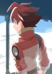  1boy ahoge bangs blurry closed_mouth commentary_request from_behind high_collar highres jacket keita_(spitfire) male_focus pillar pokemon pokemon_(anime) pokemon_swsh_(anime) red_eyes redhead short_hair sleeves_past_elbows solo tsurugi_(pokemon) 