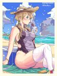  1girl anchor_hair_ornament aqua_eyes beach blonde_hair blue_sky breasts clouds commentary_request commission competition_swimsuit cooler day drinking_straw hair_ornament highres horizon kantai_collection long_hair looking_at_viewer medium_breasts ocean one-piece_swimsuit outdoors prinz_eugen_(kancolle) profile sipping skeb_commission sky solo sweat swimsuit thigh-highs thrux twintails two-tone_swimsuit white_legwear 