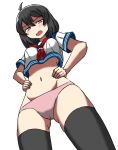  1girl absurdres ahoge ass_visible_through_thighs black_hair blue_sailor_collar blush breasts commission from_below groin hair_between_eyes hands_on_hips highres invader medium_breasts navel neckerchief no_pants original panties pink_panties red_eyes red_neckwear sailor_collar short_hair solo thigh-highs thighs underwear 
