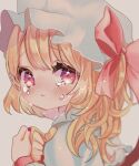  1girl :s ascot bangs blonde_hair blush bow crying crying_with_eyes_open eyebrows_visible_through_hair face fang flandre_scarlet from_side grey_background hair_bow hat looking_at_viewer mob_cap moni_monico one_side_up red_bow red_nails short_hair signature simple_background skin_fang solo tearing_up tears touhou upper_body wrist_cuffs yellow_neckwear 
