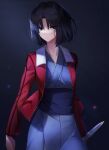  1girl bangs black_eyes black_hair blue_background blue_kimono closed_mouth hair_between_eyes hair_intakes highres holding holding_knife jacket japanese_clothes kara_no_kyoukai kimono knife long_sleeves looking_at_viewer medium_hair okakasushi open_clothes open_jacket red_jacket ryougi_shiki shiny shiny_hair solo standing unzipped 