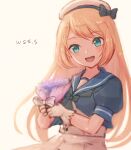  1girl artist_name blonde_hair blue_eyes blue_sailor_collar blush bouquet dress eyebrows_visible_through_hair flower gloves hat holding holding_bouquet jervis_(kancolle) kantai_collection long_hair open_mouth puffy_short_sleeves puffy_sleeves purple_flower sailor_collar sailor_dress sailor_hat short_sleeves smile solo upper_body white_dress white_gloves white_headwear wss_(nicoseiga19993411) 