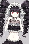  1girl 3j_dangan bangs bikini bikini_skirt black_hair black_nails breasts celestia_ludenberg collarbone commentary_request cowboy_shot danganronpa_(series) danganronpa_s:_ultimate_summer_camp drill_hair earrings eyebrows_visible_through_hair frills gothic_lolita grey_background hands_up highres jewelry lace lolita_fashion long_hair looking_at_viewer medium_breasts midriff navel red_eyes simple_background smile solo stomach swimsuit twin_drills twintails 