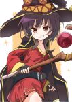  1girl belt black_cape black_gloves breasts brown_hair cape dress fingerless_gloves gloves grin hat holding holding_staff kono_subarashii_sekai_ni_shukufuku_wo! looking_at_viewer mage_staff megumin red_dress red_eyes short_dress short_hair short_hair_with_long_locks small_breasts smile solo staff witch_hat 