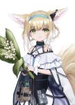  1girl absurdres akira_(aristole) animal_ear_fluff animal_ears arknights bangs bare_shoulders black_gloves blue_hairband blue_skirt braid closed_mouth commentary_request eyebrows_visible_through_hair flower fox_ears fox_girl fox_tail gloves green_eyes hair_between_eyes hair_rings hairband highres holding holding_flower light_brown_hair lily_of_the_valley looking_at_viewer multicolored_hair shirt simple_background single_glove single_wrist_cuff skirt smile solo streaked_hair suzuran_(arknights) tail twin_braids white_background white_flower white_hair white_shirt wrist_cuffs 