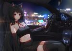  1girl animal_ears artist_name black_hair black_legwear black_skirt black_tube_top blurry breasts car_interior detached_sleeves english_commentary feet_out_of_frame from_side highres ku-ini lanfear long_hair looking_at_viewer medium_breasts midriff miniskirt neck_ribbon night red_eyes red_neckwear ribbon sitting skirt solo strapless thigh-highs tube_top very_long_hair vrchat 