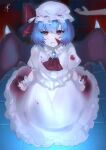  1girl 1other ascot bat_wings blood blood_on_face blood_on_hands blue_hair blurry blurry_background bow breasts brooch center_frills depth_of_field dress expressionless eyebrows_behind_hair fangs frills from_above full_body hair_between_eyes hat hat_bow highres jewelry looking_at_viewer majime_joe mob_cap parted_lips petticoat puffy_short_sleeves puffy_sleeves red_bow red_eyes remilia_scarlet seiza short_hair short_sleeves signature sitting small_breasts tile_floor tiles touhou vampire white_dress white_headwear wings wrist_cuffs 