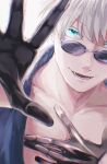  1boy black_gloves black_shirt blue_eyes gloves gojou_satoru half_gloves hand_on_own_chest jujutsu_kaisen looking_at_viewer male_focus mothald open_clothes open_mouth open_shirt shirt short_hair simple_background smile solo sunglasses upper_body white_background white_hair 