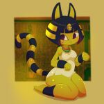 1girl :&lt; animal_crossing animal_ears ankha_(animal_crossing) bangs bare_shoulders barefoot blue_eyes blue_hair blunt_bangs blurry blurry_background blush_stickers bob_cut body_fur border breasts cat_ears cat_girl cat_tail closed_mouth commentary dress egyptian full_body furry gold hair_ornament hands_up highres jewelry kneeling looking_to_the_side medium_breasts necklace outside_border paw_pose rakuda_itou seiza shiny shiny_hair shiny_skin short_dress short_hair sidelocks sitting sleeveless sleeveless_dress snake_hair_ornament solo tail thick_thighs thighs white_dress wide_hips yellow_border yellow_fur 