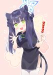  1girl animal_ear_fluff animal_ears bangs black_dress black_hair blue_archive blunt_bangs china_dress chinese_clothes dango dress food green_eyes highres kano_hito long_hair looking_at_viewer open_mouth shun_(blue_archive) skewer smile solo thigh-highs tiger_ears tiger_girl twintails wagashi waving white_legwear 