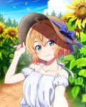  1girl bare_shoulders blonde_hair blue_eyes closed_mouth clouds cover flower hand_on_headwear hat highres kanojo_okarishimasu light_smile looking_at_viewer nanami_mami official_art outdoors outstretched_arm solo summer sun_hat sunflower upper_body 