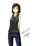  1girl absurdres arms_behind_back bare_arms bare_shoulders blue_pants brown_eyes brown_hair closed_mouth collarbone collared_shirt commentary_request dated denim grey_shirt highres jeans looking_to_the_side miyo340 original pants shirt signature sleeveless sleeveless_shirt solo white_background 