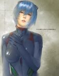 1girl albino ayanami_rei black_bodysuit blue_hair bodysuit breasts evangelion:_3.0_you_can_(not)_redo expressionless hair_between_eyes hand_on_own_chest hand_up head_tilt headgear looking_at_viewer medium_breasts neon_genesis_evangelion parted_lips plugsuit rebuild_of_evangelion red_eyes solo translation_request upper_body upper_teeth watanabe_yasuaki 