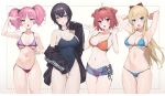  4girls :d :o ahoge akaza_akari arm_up armpits arms_behind_head arms_up bare_arms bare_shoulders bikini black_hair black_jacket blonde_hair blue_bikini blue_eyes blue_shorts bow breasts breasts_apart brown_eyes collarbone covered_navel denim denim_shorts double_bun funami_yui hair_bow hand_up hands_up highleg highleg_swimsuit highres jacket large_breasts long_hair long_sleeves looking_at_viewer multiple_girls navel off_shoulder one-piece_swimsuit open_clothes open_jacket open_mouth orange_bikini pink_hair pre_(preecho) purple_bikini redhead school_swimsuit see-through short_hair short_shorts shorts side-tie_bikini smile spaghetti_strap stomach string_bikini swimsuit thighs toshinou_kyouko twintails untied untied_bikini v-shaped_eyebrows violet_eyes yoshikawa_chinatsu yuru_yuri 